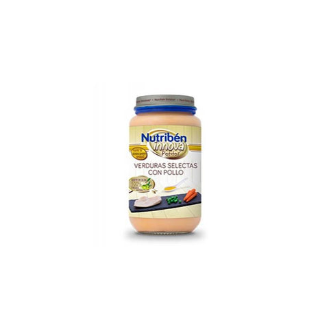 Nutriben Nutribén Innova Potito Verduras Selectas con Pollo 250g jar with colorful vegetables and chicken, suitable for babies.
