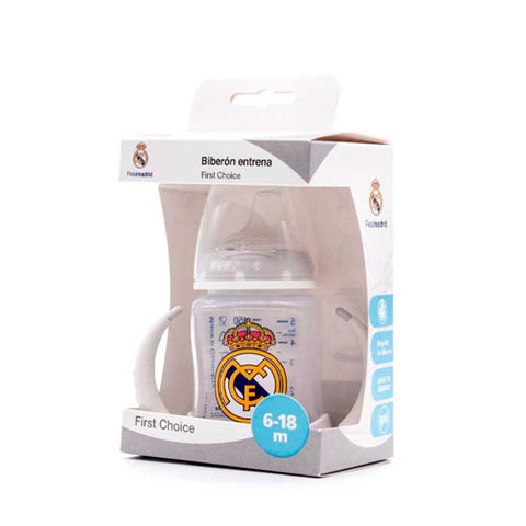 Nuk Real Madrid silicone training bottle 150ml with red and white design, featuring the Real Madrid logo and a sports cap.