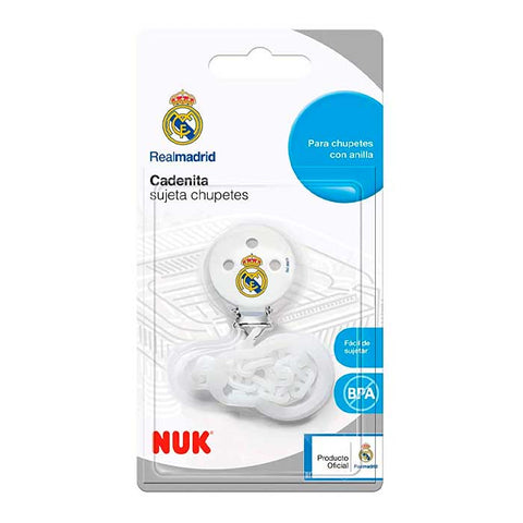 Jag Couture London - New York Nuk Real Madrid pacifier holder chain with red and white beads and Real Madrid logo for babies.