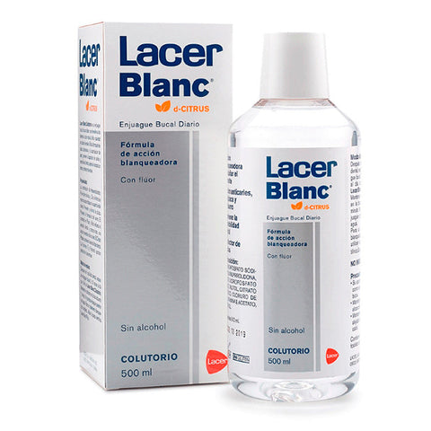 Lacer Lacerblanc citrus mouthwash bottle, 500 ml, from Jag Couture London - New York, with a citrus-flavored label and cap.