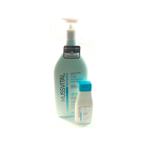 Set of two Mussvital Dermactive Lotion for atopic skin by Jag Couture London, 750ml bottles with pump dispensers.