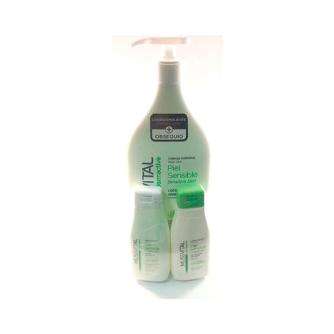 Set of three 1000ml bottles of Mussvital Dermactive Moisturising Lotion for sensitive skin by Jag Couture London New York, showing lotion bottles.