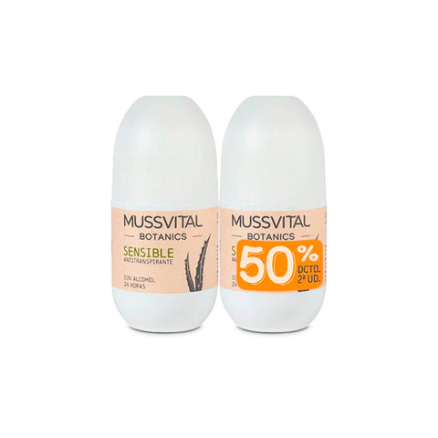 Set of two Mussvital Botanics Deo Sensitive 75ml bottles by Jag Couture London featuring natural botanical scent and sensitive skin care.