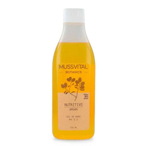 Jag Couture London Mussvital Botanics Argan Bath Gel 750ml with botanical ingredients in a clear pump bottle.