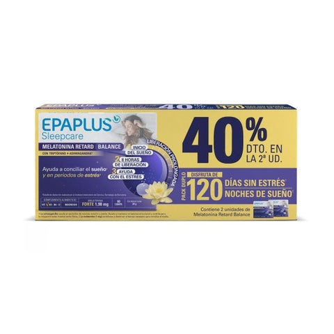 Epaplus Sleep Melatonina Retard Balance capsules by Jag Couture London - New York, showing two bottles with capsules inside.