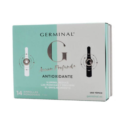 Jag Couture London deep antioxidant day-night ampoules from Germinal Deep Antioxidant Action in a sleek glass vial.