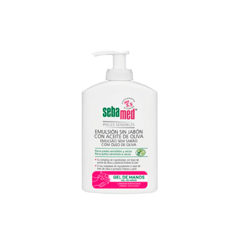 Sebamed soap-free emulsion with olive oil in a 300ml bottle, featuring a clear pump dispenser and a clean, minimalist label.