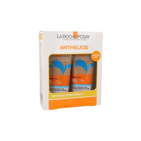 La Roche Posay Anthelios Ultra-Résistant SPF50+ wet skin sunscreen in two 200ml bottles, suitable for outdoor sun protection.