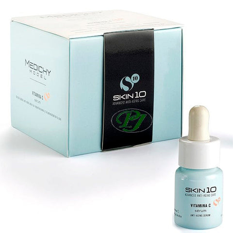 Medichy Model Skin10 Vitamin C Serum in 15ml bottle, featuring clear glass container with dropper cap, on a white background.