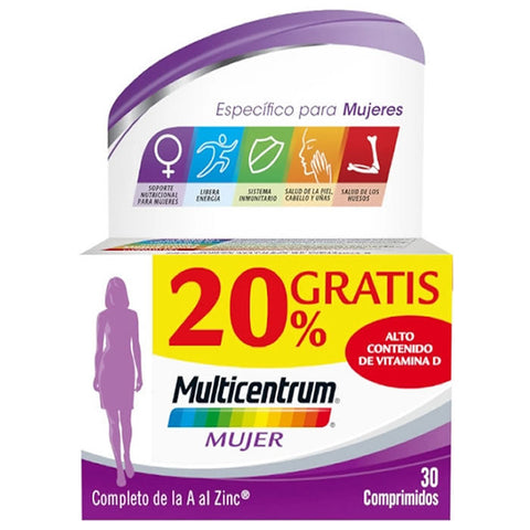 Multicentrum for Women multivitamins by Jag Couture London, 30 tablets with 20% free, showing the supplement bottle and tablets.