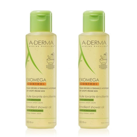 A-Derma Exomega cleansing oil for dry skin, 2x500ml bottles, with a clear pump dispenser and gentle skincare label.