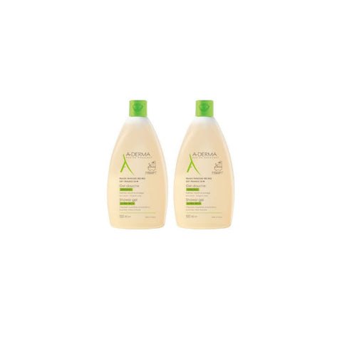 A-Derma shower gel for dry and sensitive skin, 2x500ml bottles, with soft, gentle formula for daily cleansing