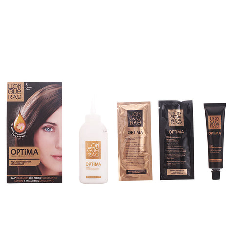Jag Couture London Llongueras Optima permanent hair color in ammonia-free 5 Light Brown, showing the product bottle and packaging.