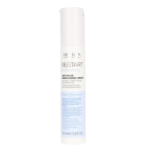 Revlon Re-Start Hydration Anti-Frizz Moisturizing Drops 50ml bottle on a clean surface, showcasing the product packaging.