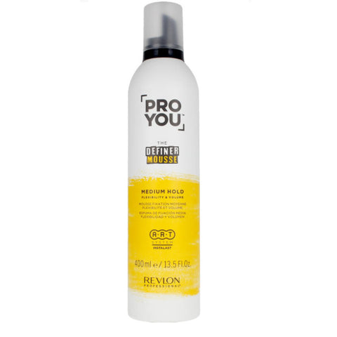 Revlon Proyou The Definer Mousse Medium Hold in 400ml bottle, shown with a sleek design and pump nozzle.