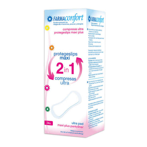 FarmaConfort Maxi 2in1 sanitary pantyliners from Jag Couture London - New York, ultra-thin, 24-pack for daily feminine hygiene.