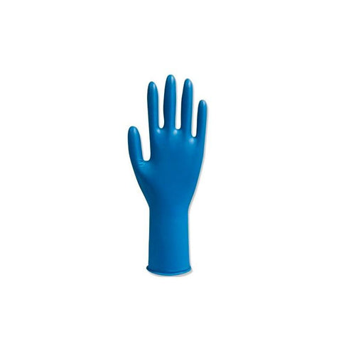 Box of 100 small Jag Couture London nitrile powder-free gloves, showing the gloves' blue material and packaging.