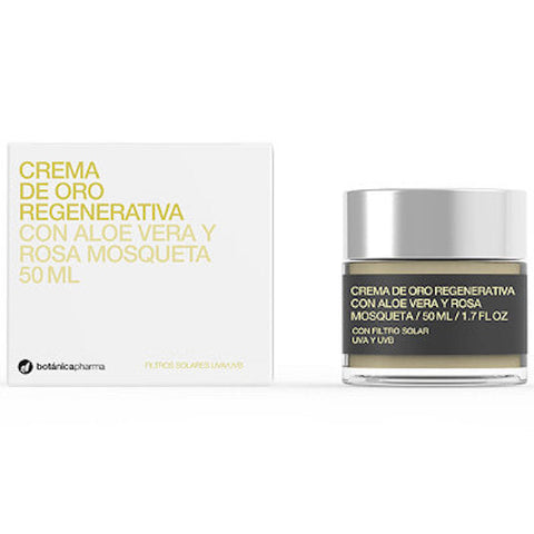 Jar of Botanicapharma Regenerating Gold Cream SPF 15 by Jag Couture London with a gold lid and elegant packaging.