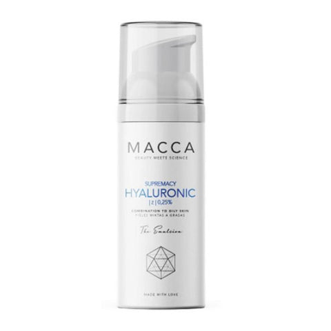 Jag Couture London Macca Supremacy Hyaluronic 0.25% The Emulsion 50ml, creamy skincare product in a white bottle with a pump