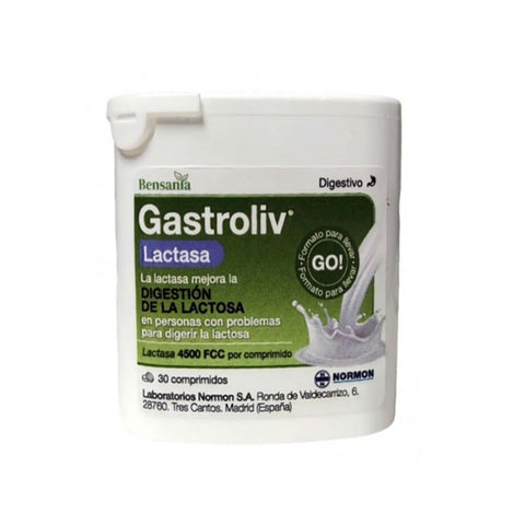 Bensania Gastroliv Lactase 30 tablets in blister pack, dietary supplement by Jag Couture London New York, helps with lactose digestion.