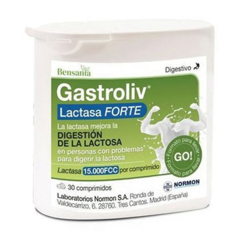 Bensania Gastroliv Lactase Forte 30 tablets, dietary supplement for digestion, in blister pack with label showing product details.