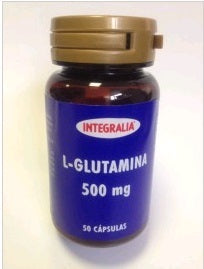 Jag Couture London Integralia L-Glutamina 500 mg supplement in 50 capsules, showing the bottle with label and capsules inside.
