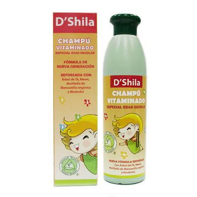 Shila Champu Vitaminado Escolar shampoo bottle by Jag Couture London - New York, 250ml, with colorful label and cap.