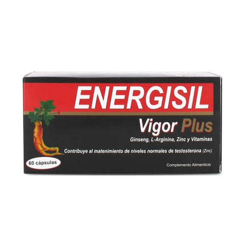 Energisil Vigor Plus 60 capsules by Jag Couture London, featuring a bottle with capsules inside and product label.