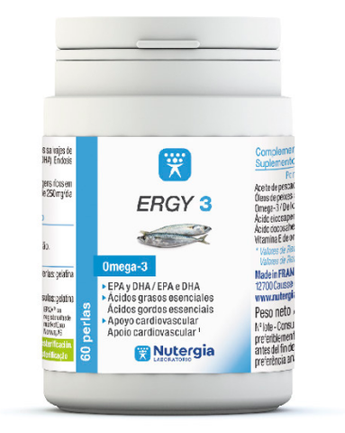 Nutergia Ergy 3 supplement capsules by Jag Couture London featuring 60 perlas in a clear blister pack.