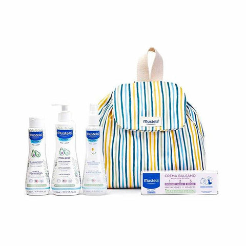 Mustela Little Moments striped backpack set with five pieces, including diaper bag, bottles, and accessories, by Jag Couture London.