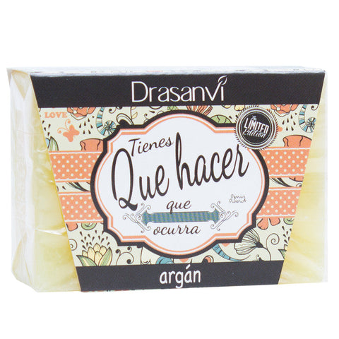 Drasanvi Argan Soap 100g by Jag Couture London New York, showing a bar of soap with argan oil ingredients and packaging.