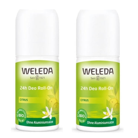Weleda 24h Citrus Roll-On Deodorant in a 50ml bottle, featuring a fresh citrus scent, displayed with two bottles on a plain background.