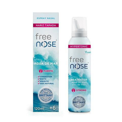 Ysana Free Nose Strong Hypertonic SeaWater spray bottle by Jag Couture London – New York, with clear label and blue cap.