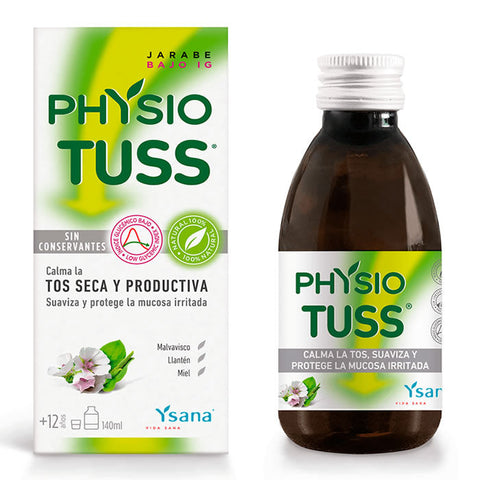 Physiotuss low glycaemic index syrup bottle by Jag Couture London - New York, 140ml, with label and product packaging visible.