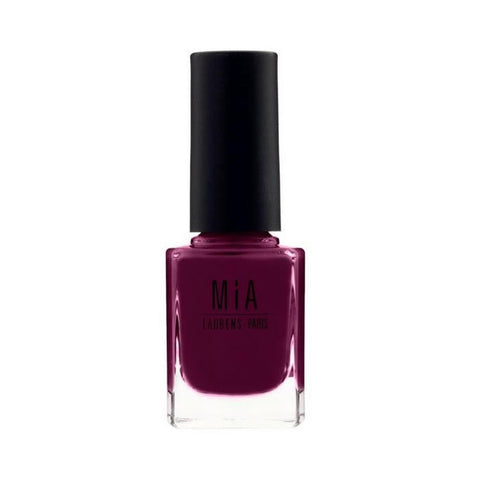 Jag Couture London New York Mía Cosmetics Burgundy nail polish bottle with glossy finish and elegant packaging.