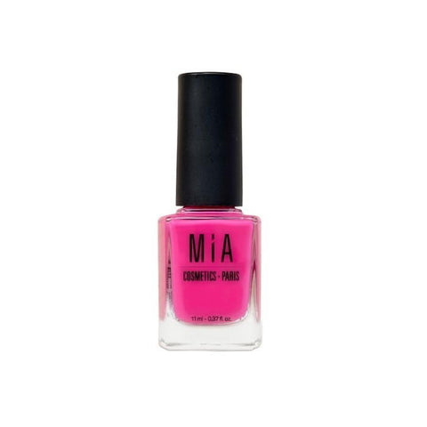Jag Couture London New York Mía Cosmetics magnetic pink nail polish bottle with applicator brush showing vibrant pink color.