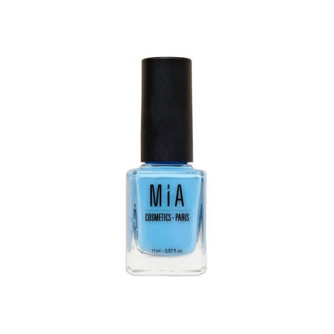 Jag Couture London - New York Mía Cosmetics Aqua Blue nail polish bottle with clear cap, close-up of the vibrant nail color.