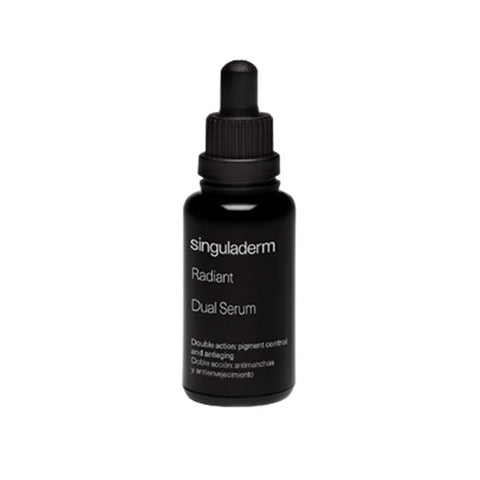 Singuladerm Radiant Dual Serum in 30ml bottle, featuring a sleek design and dual-chamber packaging for skincare benefits.