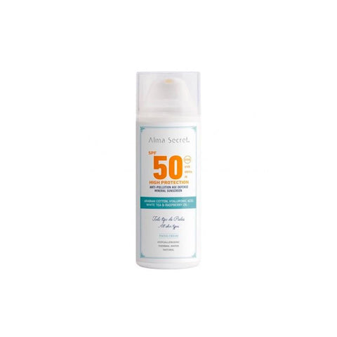 Jag Couture London Alma Secret High Protection SPF 50 facial cream in 50ml jar, with smooth, creamy texture and protective formula.
