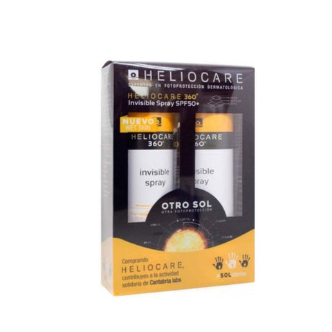 Heliocare 360 Invisible Spray SPF 50+ by Jag Couture London, two 200ml bottles of broad-spectrum sun protection spray.