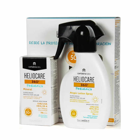 Jag Couture London New York Heliocare 360º Pack Pediatrics Mineral 50ml and Atopic Lotion Spray 75ml for children's skincare.