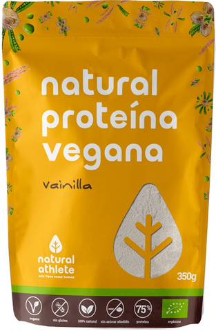 Vegan vanilla protein powder in a 350g container from Natural Athlete, by Jag Couture London - New York.