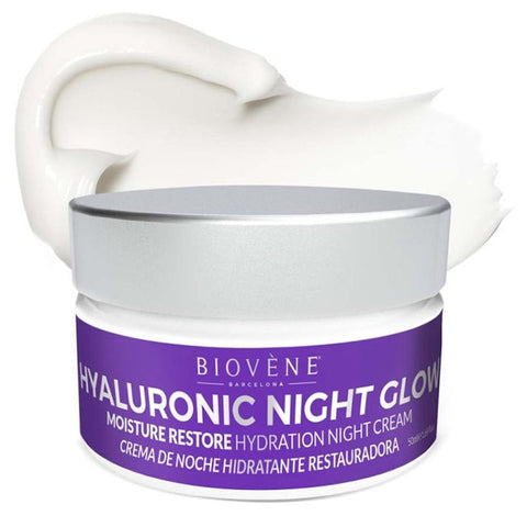 Jag Couture London Hyaluronic Night Glow Moisture Restore Night Cream in 50ml jar, hydrating skincare for glowing skin.