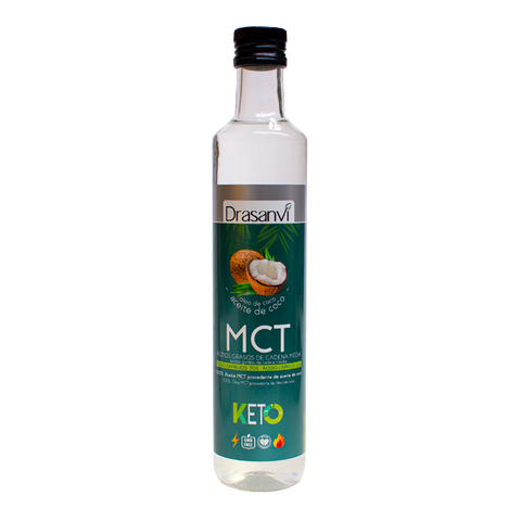 Bottle of Drasanvi MCT Coconut Oil 500ml with a label, featuring a clear container and the product branding visible.