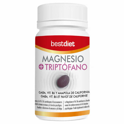 Jar of Best Diet Magnesio+Triptófano supplement capsules by Jag Couture London - New York, with 30 softgel capsules visible.