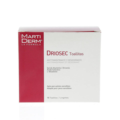 Pack of Martiderm™ Driosec 15 Wipes by Jag Couture London - New York, showing unopened facial cleansing wipes in a white package.