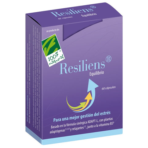 Jar of 100% Natura Resiliens Equilibrio dietary supplement capsules by Jag Couture London New York, showing the product label.