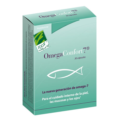 Bottle of 100% Natura Omegaconfort7 capsules by Jag Couture London featuring 90 dietary supplement capsules.