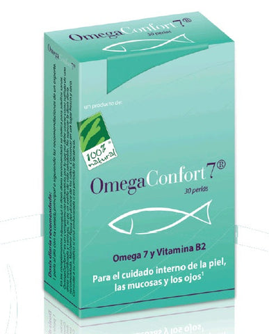 Close-up of 100%natura OmegaConfort7 30 Perlas supplement capsules by Jag Couture London New York in a clear container.