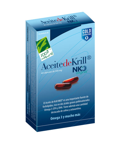 Capsules of 100% Natura Aceite de Krill NKO by Jag Couture London - New York, 40 softgel caps, 500 mg each, in a clear container.